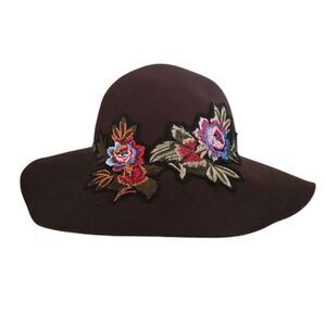 Hatch 100% Wool Wide Brim Floppy Hat Brown Floral Embroidery Festivalwear Boho